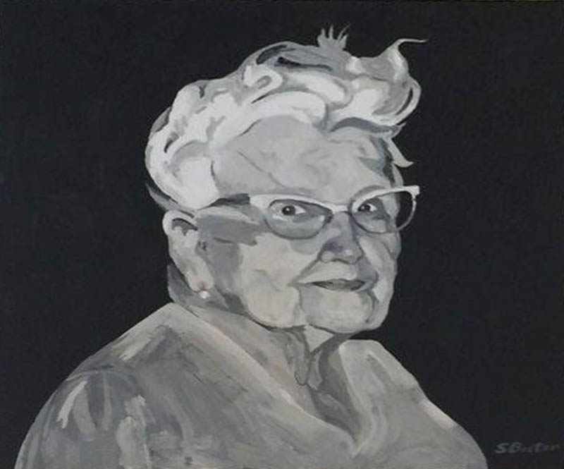 Elderly lady Steve Boster MD Omadice 4'x4' latex on plywood not for sale