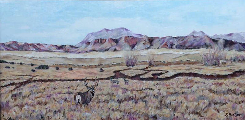 Mule deer-24x48acrylic-Steve Boster MD-Scene south of Santa Fe