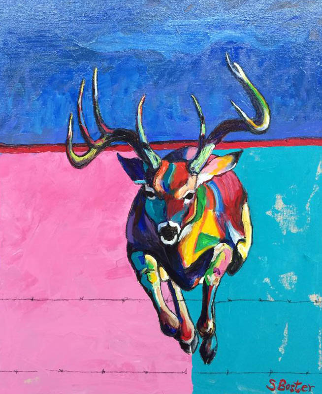 Whitetail buck jumping a fence Steve Boster MD Sky Pilot 20x24 acrylic Sold