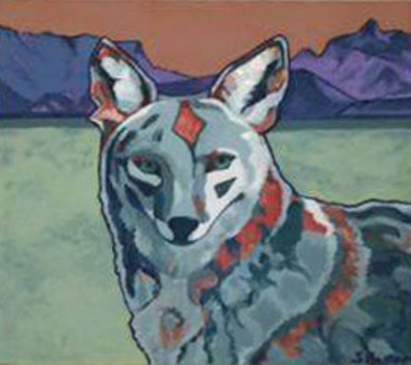 Coyote Steve Boster MD Coyote with Mountains 4'x4' latex on plywood SOLD